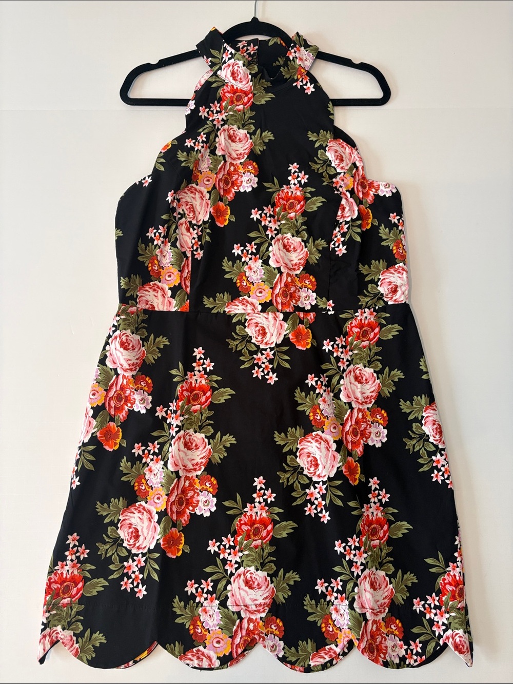 NWOT Anthropologie Black Floral Halter Mini Dress in Pink & Red